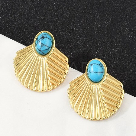 Fan 304 Stainless Steel Synthetic Turquoise Stud Earrings for Women EJEW-U046-17A-G-1
