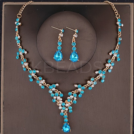 Teardrop Alloy Rhinestone Pendant Necklaces & Stud Dangle Earrings Sets FS-WGE9DA1-04-1