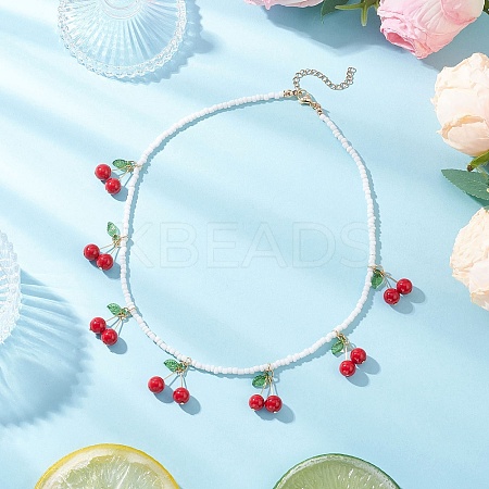 Natural Dyed Mashan Jade Red Cherry Pendant Glass Seed Beaded Necklaces for Women NJEW-TA00211-01-1
