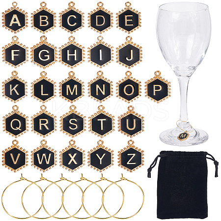 Hexagon with Letter Alloy Black Enamel Pendants Wine Glass Charms DIY-SC0030-20-1