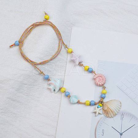 Ceramics Starfish Fish & Resin Shell Shape Pendant Adjustable Cotton Cord Necklaces for Women LS-NJEW-Z100-01A-G-1
