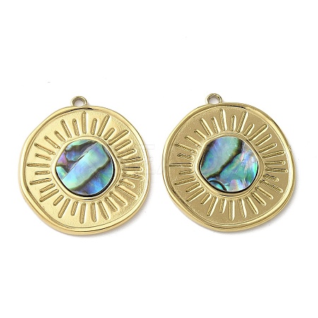 Flat Round 304 Stainless Steel Natural Paua Shell/White Shell Pendants Ion Plating(IP) STAS-U037-10G-01-1