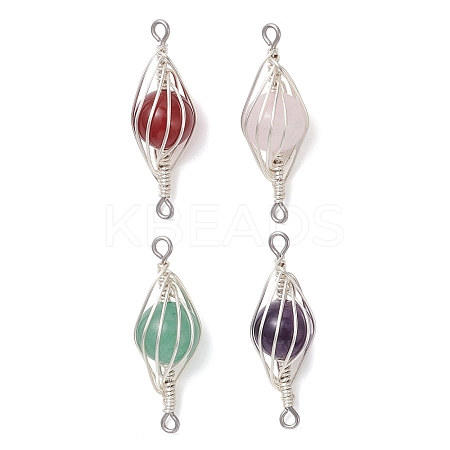 4Pcs 4 Styles Round Natural Carnelian & Rose Quartz & Amethyst & Green Aventurine Horse Eye Connector Charms PALLOY-TA00349-1