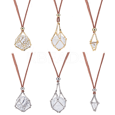 6Pcs 6 Styles Brass Bar Connected Macrame Pouch Empty Stone Holder Pendant Necklace Making NJEW-DC00005-1