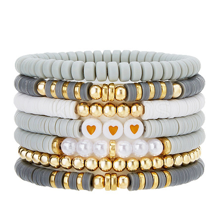7Pcs Heart Pattern Polymer Clay & Plastic Pearl & CCB Plastic Beaded Stretch Bracelet Set for Women FS-WG634BB-11-1