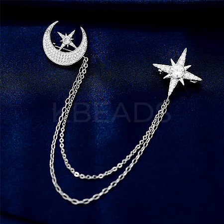 Cubic Zirconia Moon & Star Lapel Pin with Hanging Safety Chains MOST-PW0001-047B-1