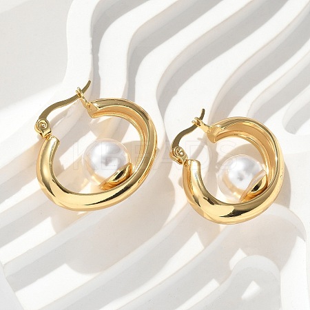 304 Stainless Steel & ABS Plastic Imitation Pearl Huggie Hoop Earrings EJEW-S253-24G-1