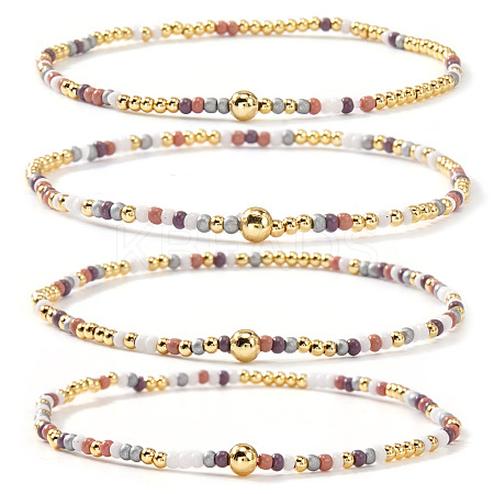 4Pcs Bohemian Glass Seed Bead & Brass Beads Stretch Bracelets for Women DR1565-3-1