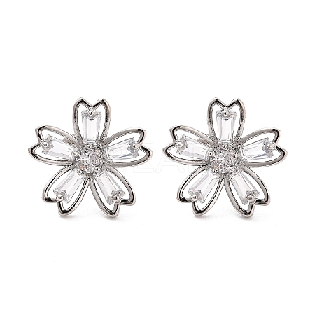 Rack Plating Flower Brass Micro Pave Clear Cubic Zirconia Stud Earrings EJEW-M029-01B-P-1