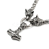 304 Stainless Steel Wolf Head King Wheat Chain Viking Mjolnir Thor Hammer Pendant Necklaces for Men NJEW-K278-05AS-4