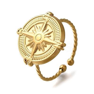 Flat Round with Compass 304 Stainless Steel Open Cuff Ring for Women RJEW-F161-02G-01-1