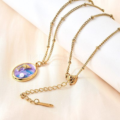 Summer Beach 304 Stainless Steel Lilac Enamel Pendant Necklaces for Women NJEW-U043-01C-G-1