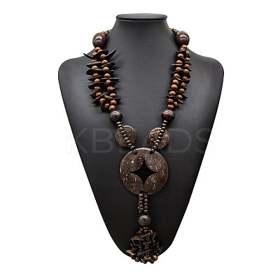 Boho Coconut & Wood Handmade Ethnic Donut Pendant Long Tassel Beaded Necklaces for Beach Vacation WGD9A0D-03-1