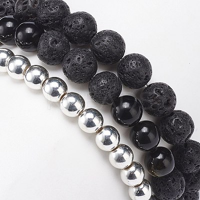 3Pcs 3 Style Style Natural Lava Rock & Golden Sheen Obsidian & Synthetic Hematite Stretch Bracelets Set BJEW-JB08735-1