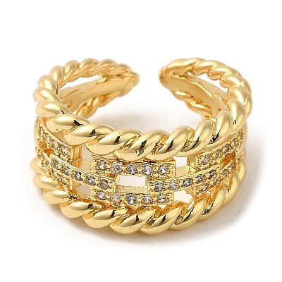 Rack Plating Real 18K Gold Plated Brass Hollow Rectangle Open Cuff Rings RJEW-B048-03G-1