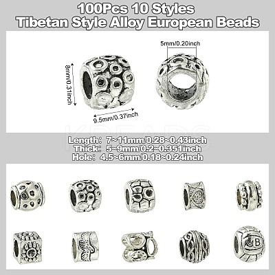 100Pcs 10 Styles Tibetan Style Alloy European Beads FIND-CJ0003-72-1