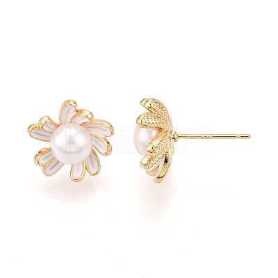 Flower Brass Natural Pearl Stud Earrings PEAR-N020-06X-1