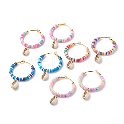 Big Ring with Cowrie Shell Dangle Huggie Hoop Earrings EJEW-JE04732-1