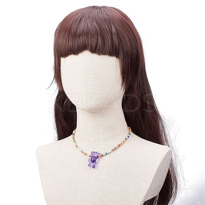 Acrylic Bear & Glass Seed Beaded Necklace for Women NJEW-JN03930-1