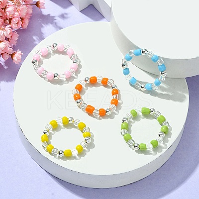5Pcs 5 Colors Acrylic & Glass Seed Beaded Stretch Rings Set RJEW-JR00594-S-1