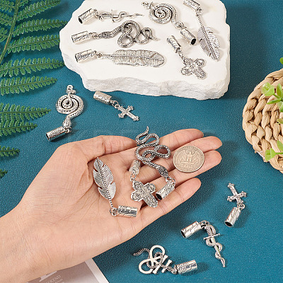 16Pcs 8 Styles Tibetan Style Alloy Cord Ends with Pendants FIND-TA0004-20-1