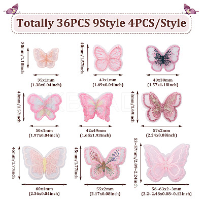 36Pcs 9 Style Butterfly Organgza Lace Embroidery Ornament Accessories DIY-BT0001-49-1