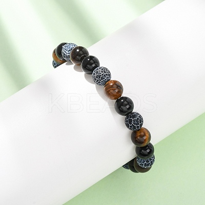 Natural Tiger Eye & Weathered Agate & Glass Beads Stretch Bracelets for Women Men BJEW-P398-01B-1
