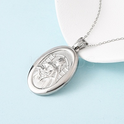 304 Stainless Steel Oval with Virgin Mary Pendant Necklaces for Women NJEW-B149-01P-1