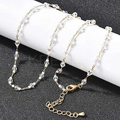 Handmade Brass & Faceted Rondelle Glass & Imitation Pearl Link Chain Necklaces for Women NJEW-F353-01G-1