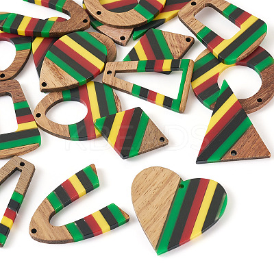 18Pcs 9 Styles Jamaican Colour Epoxy Resin & Walnut Wood Pendants RESI-TA0003-87-1