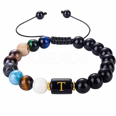 10MM Natural Black Obsidian Alphabet Beaded Braided Bracelets TO2319-20-1