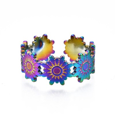 304 Stainless Steel Flower Wrapped Cuff Ring RJEW-N038-067-1
