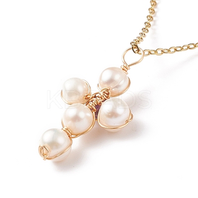 Natural Amethyst & Pearl Braided Cross Pendant Necklace NJEW-JN03920-01-1