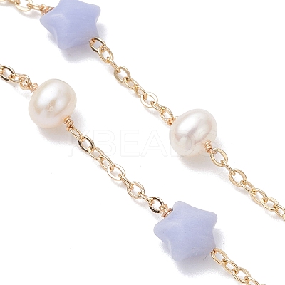 Synthetic Blue Lace Agate Star & Natural Freshwater Pearl Rice & Brass Link Chain Bracelet Making AJEW-JB01456-01-1