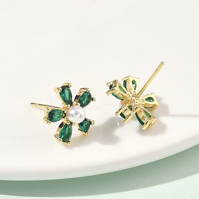 Flower Brass Cubic Zirconia Stud Earrings EJEW-P336-06G-07-1