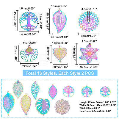 32Pcs 16 Style Ion Plating(IP) 201 Stainless Steel Filigree Pendants STAS-DC0006-64-1