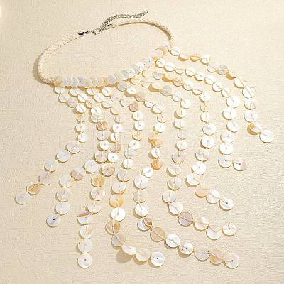 Woven Natural Shell Disc Tassel Bib Necklaces for Women WG912B9-01-1