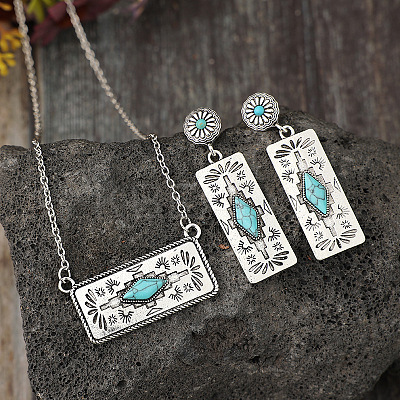 Western Aztec Alloy & Synthetic Turquoise Stud Earrings & Pendant Necklaces Sets FS-WGDC47F-01-1