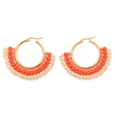 304 Stainless Steel & Bohemian Beaded Fan Hoop Earrings for Women EJEW-R001-01G-04-1