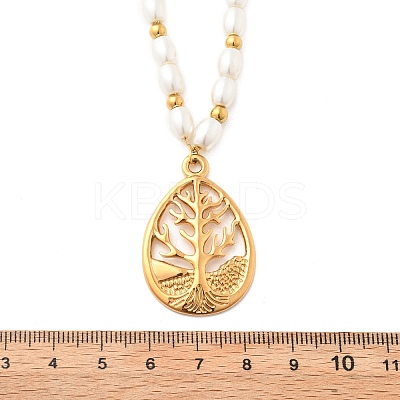 304 Stainless Steel & Plastic Pearl Teardrop with Tree Pendant Necklaces for Women NJEW-U051-01G-1