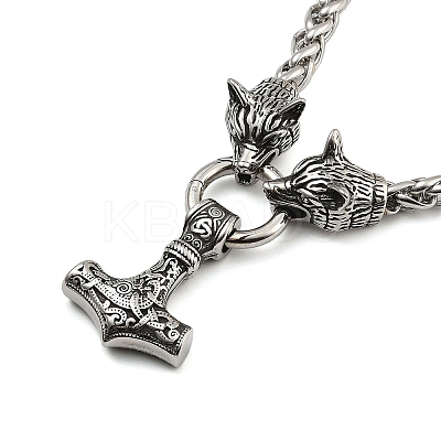 304 Stainless Steel Wolf Head King Wheat Chain Viking Mjolnir Thor Hammer Pendant Necklaces for Men NJEW-K278-05AS-1