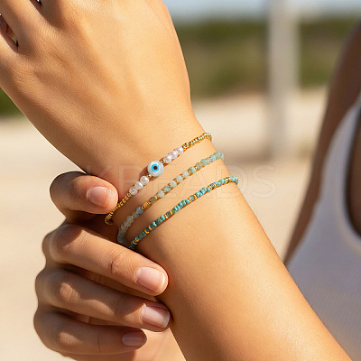 3Pcs 3 Styles Brass & Glass & Natural Green Aventurine Beaded Braclet Set WN5918-2-1