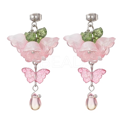 Flower with Butterfly Glass & Acrylic Dangle Stud Earrings EJEW-TA00788-1
