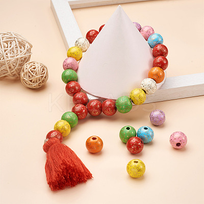 80Pcs 8 Colors Printed  Natural Wood Beads WOOD-FW0001-10-1