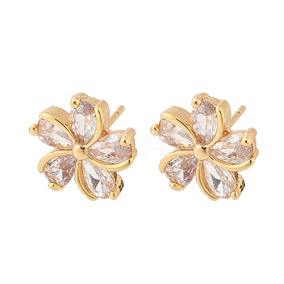 Flower Brass Micro Pave Cubic Zirconia Stud Earrings for Women EJEW-G428-28A-02-1