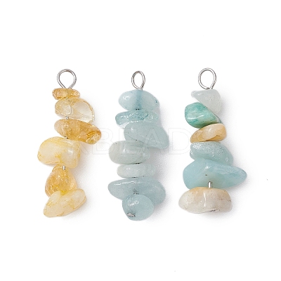 3Pcs Natural Aquamarine & Citrine & Flower Amazonite Chip Beaded Constellation Pendants PALLOY-JF03043-03-1