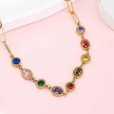 304 Stainless Steel Colorful Cubic Zirconia Flat Round Oval Link Chain Necklaces for Women NJEW-A051-06G-1