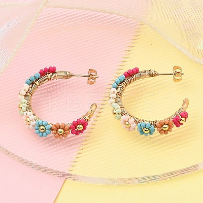 304 Stainless Steel & Bohemian Beaded C-Shaped with Flower Stud Earrings for Women EJEW-R001-03G-01-1