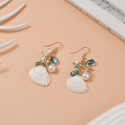 Shell Pearl & Glass & Starfish Cluster Dangle Earrings EJEW-TA00208-1