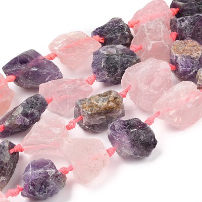 Rough Raw Natural Amethyst and Rose Quartz Beads Strands G-F595-I04-1
